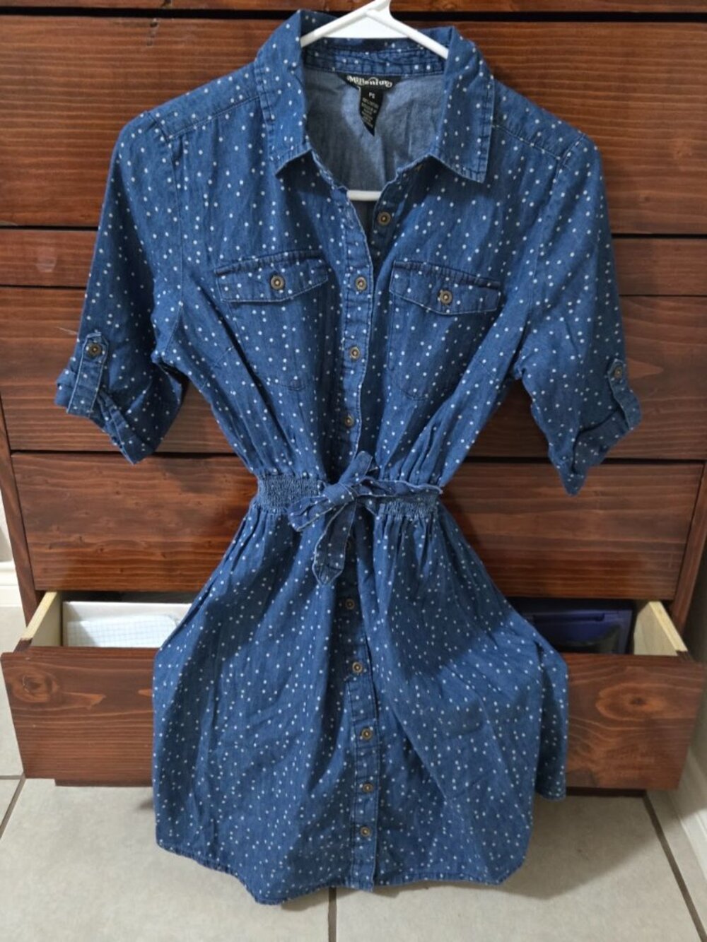 Millenium Polka Dot Chambray Denim Smocked Waist Shirt Dress PS